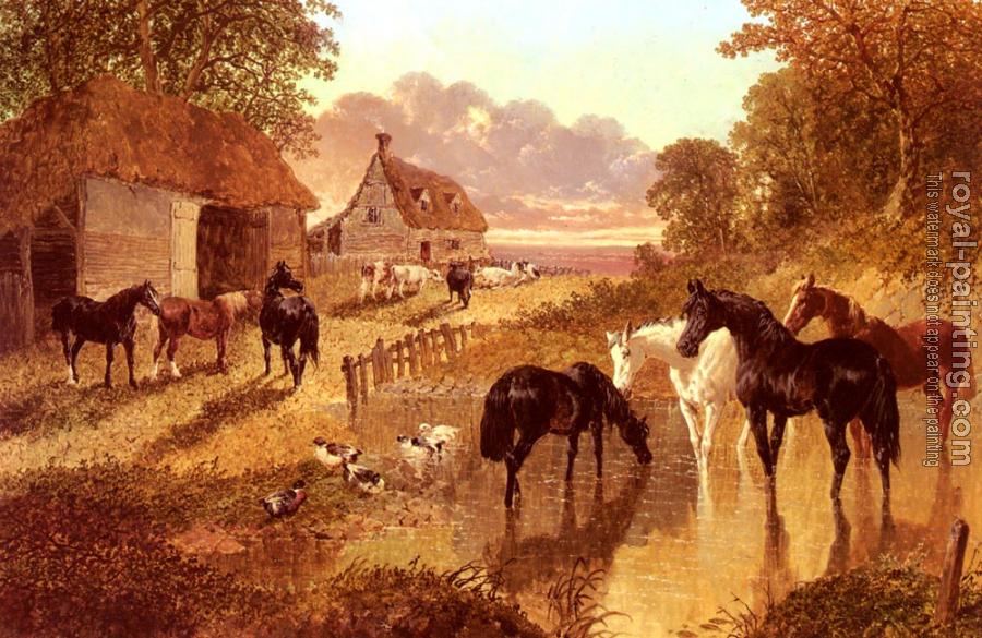 John Frederick Jr Herring : The Evening Hour,Horses And Cattle By A Stream At Sunset